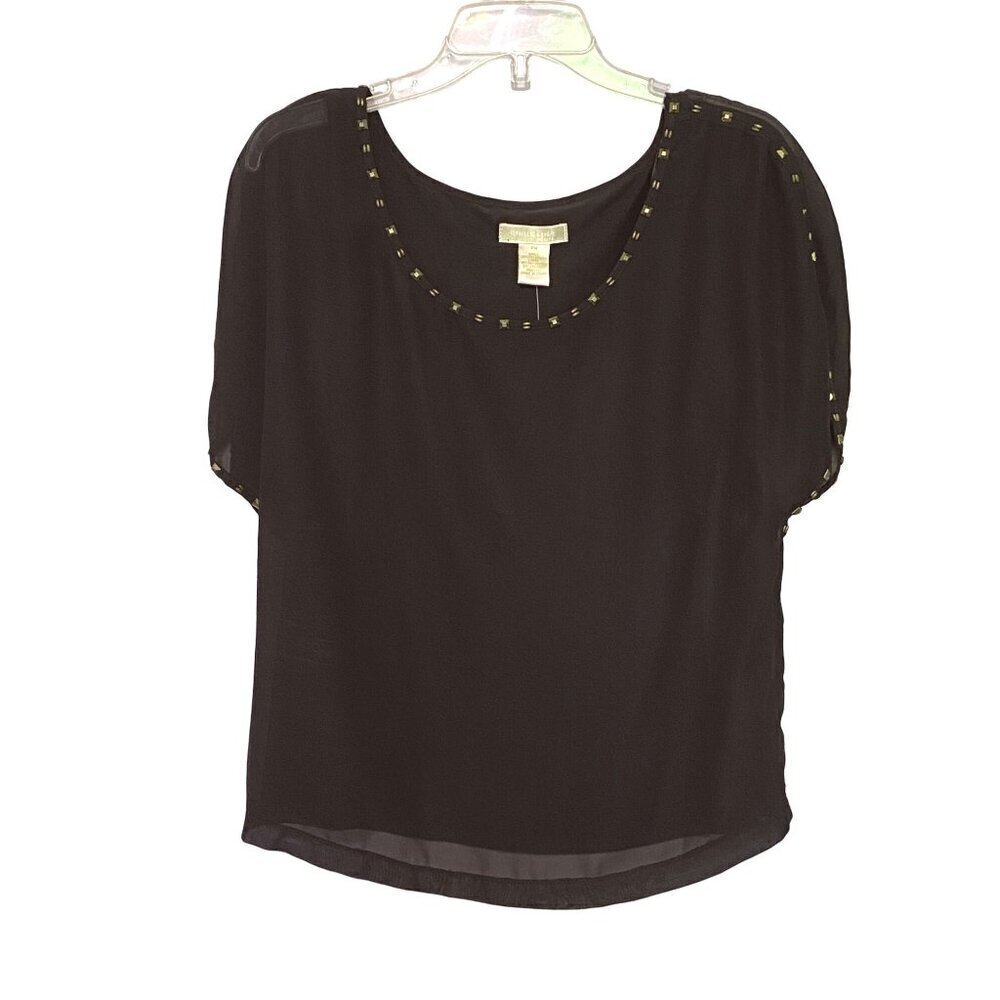 Christina Petite Layered Chiffon Blouse Black Women's Size PM Studded Detail NWT